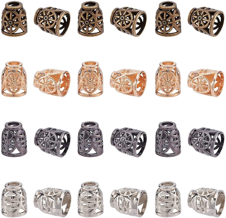 May include: Twenty-four metal cord ends in four different colors: antique brass, gold, gunmetal, and silver. Each end features a decorative, openwork design.