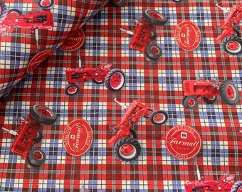 Farmall Tractors on Plaid, 100% Cotton Fabric, Sykel Enterprises, Farmall Vintage Tractors on Red and Blue Plaid, Industrial America 10527