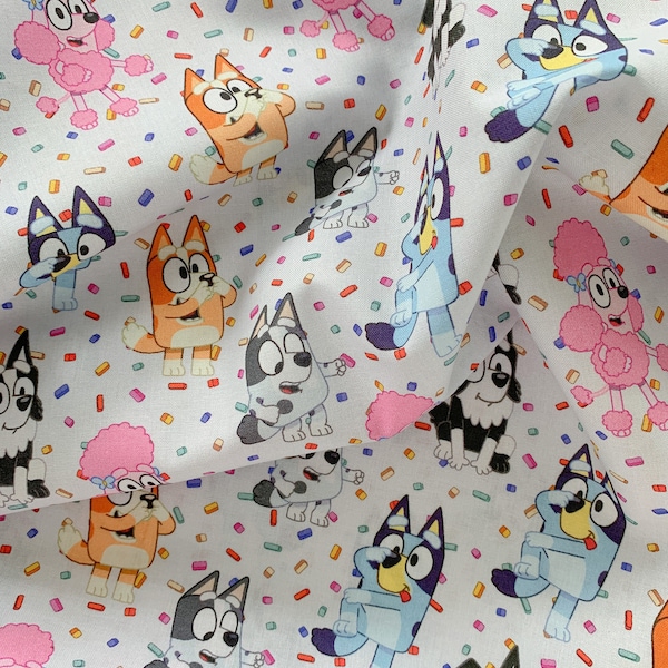 Bluey and Friends Sprinkles on Blue Cotton Fabric, NEW Disney Bluey Fabric with Bingo Coco Mackenzie and Muffin Licensed 100% Cotton Fabric