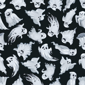 Fantasmas espeluznantes sobre tela negra 100 % algodón, tela de Halloween cortada a medida y media yarda, tela de algodón para acolchados, prendas y manualidades, primera calidad