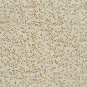 May include: A beige fabric with a repeating pattern of brown leafy vines. The fabric has a subtle texture.