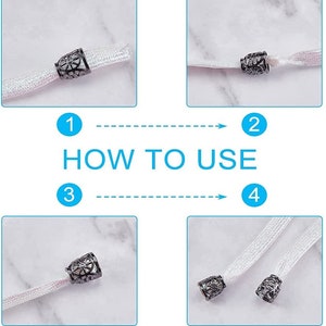 May include: How to use a set of four silver-toned cord stoppers with a decorative floral design. The stoppers are shown on white cords. The steps are numbered 1 through 4.