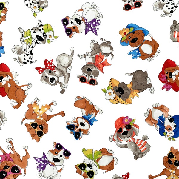 Dogs on White 100% Cotton Fabric, Loralie Designs Fabric, Premium Quality Fabric, Sold By The Yard, Half Yard, Quarter Yard