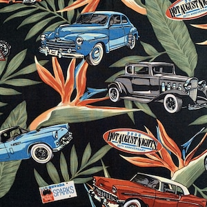 Hot August Nights Rayon Fabric by Richlin Fabrics on Black, Novelty Print, Vintage Cars, Fabric by the Yard