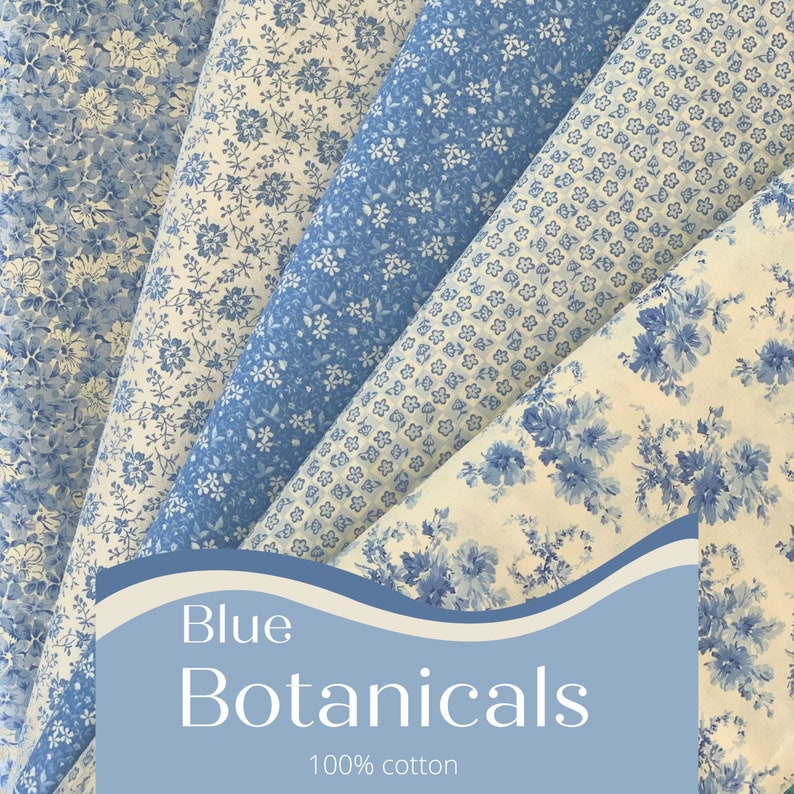 Blue Floral 100% Cotton Fabric, Botanicals Hope Chest Florals Collection , Fabric by the Yard, Blue Botanicals, Quilting Fabric 45 Inch Wide image 1