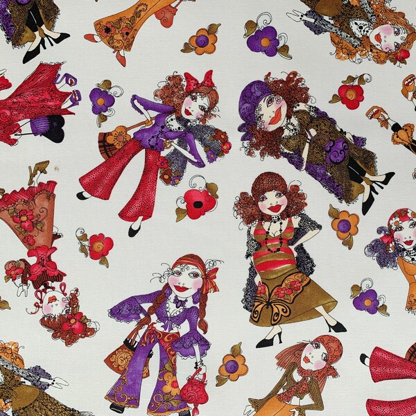 Gypsy Chique 100% Cotton Fabric, Loralie Designs Fabric, Excellent Quality Fabric, Tossed Gypsies, Sold By The Yard, Half Yard, Quarter Yard