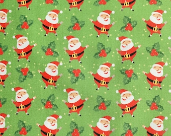 Happy Santas Christmas Fabric, Green Cotton, Quilting Fabric