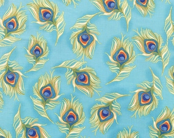 Pretty Peacock Turquoise Cotton Fabric, Loralie Design