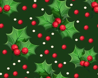 Holly Toss on Green Christmas Fabric by the Yard and Half Yard, 100% Cotton, Quilting Weight Cotton