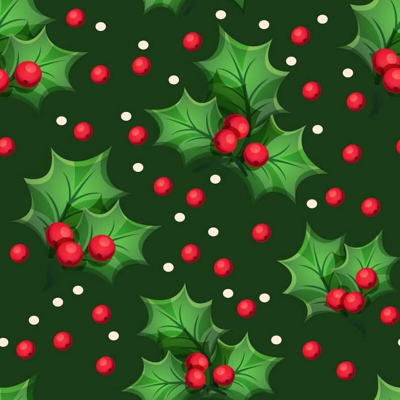 K&ouml;nnte beinhalten: Ein nahtloses Muster mit gr&uuml;nen Stechpalmenbl&auml;ttern und roten Beeren auf dunkelgr&uuml;nem Hintergrund. &Uuml;ber das Design sind wei&szlig;e Punkte verteilt.