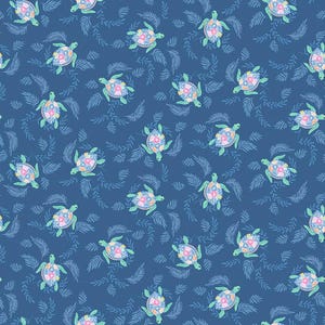May include: A repeating pattern of sea turtles and fern-like leaves on a dark blue background. The turtles are green and white with pink and yellow accents. The leaves are light blue.
