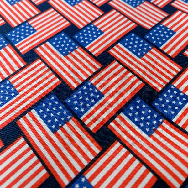 American Flags on Navy Quality Cotton Fabric, Patriotic Fabric, American Flags, Quilting Weight Cotton, Novelty, USA