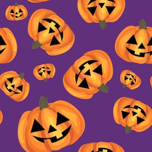 Cara de calabaza sobre tela morada, tela de Halloween cortada a medida y media yarda, 100 % algodón, algodón para acolchado, tela para indumentaria y manualidades, primera calidad
