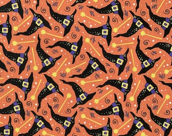 May include: A seamless fabric pattern featuring a repeating design of black witch hats with orange and white accents on a bright orange background.
