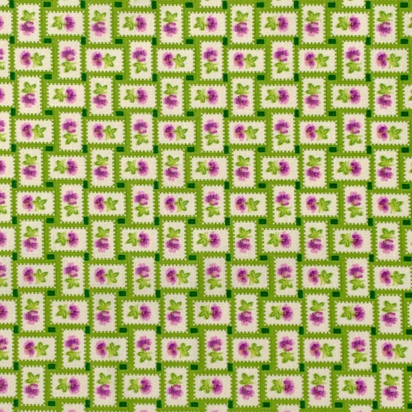 Purple Pansy on Green Weave 100% Cotton Fabric, Green Ribbon Weave Floral Fabric by the Yard, Half Yard, Quarter Yard, Quilt Shop Quality
