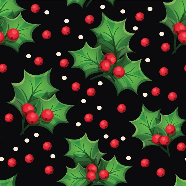 Holly Toss on Black Christmas Fabric by the Yard and Half Yard, 100% Cotton, Quilting Weight Cotton, First Quality Cotton