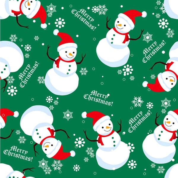 Merry Christmas Snowmen on Green, Christmas Fabric by the Yard and Half Yard, 100% Cotton, Quilting Weight Cotton, 1st Quality Fabric