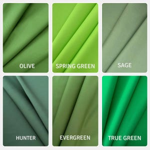 Puede incluir: Una cuadr&iacute;cula de seis muestras de tela en varios tonos de verde, etiquetadas como Olive, Spring Green, Sage, Hunter, Evergreen y True Green. Cada muestra presenta pliegues suaves y una textura lisa, mostrando variaciones de color claras.