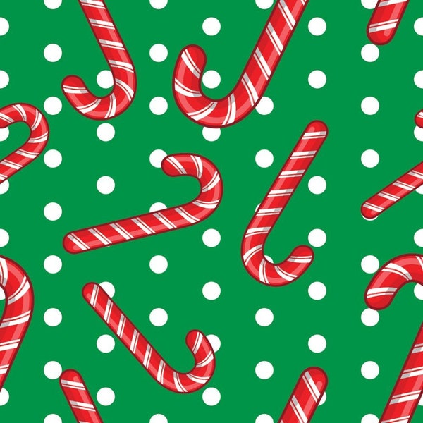 Christmas Fabric - Candy Canes on Green,  1st Quality 100% Cotton, Quilting Weight Cotton by the Yard and Half Yard, Quarter Yard