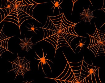 Spiderweb Fabric, Black & Orange Halloween Fabric by the Yard Half Yard, 100% Cotton, Quilting Cotton,  Craft Fabric, 1st Quality