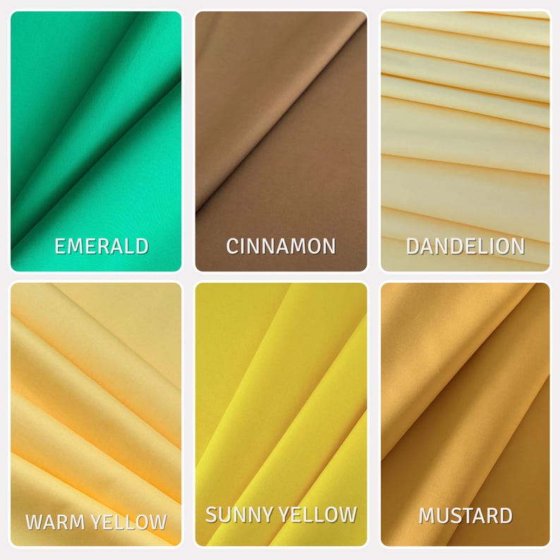 Puede incluir: Una cuadr&iacute;cula de seis muestras de tela en colores s&oacute;lidos etiquetadas como Emerald, Cinnamon, Dandelion, Warm Yellow, Sunny Yellow y Mustard. Cada secci&oacute;n muestra material textil plegado con texturas lisas y variaciones de color.