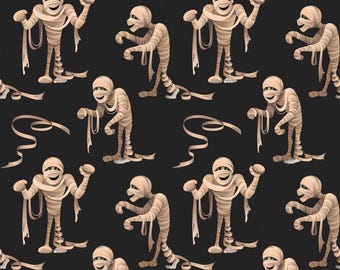 Halloween Mummy Fabric, Black Cotton Quilting Fabric, MDG
