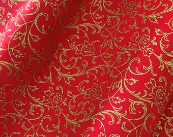 Red with Gold Vinery Christmas Fabric by the Yard and Half, 100% Cotton Fabric, Merry Christmas Metallic Red, Apparel and Quilting Cotton