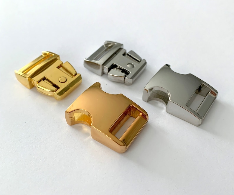 May include: Three metal clasps in gold, silver, and rose gold. The clasps are side release buckles, commonly used for dog collars, leashes, and other straps.