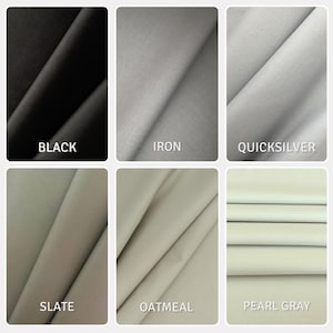 Puede incluir: Una cuadr&iacute;cula de seis muestras de tela en varios tonos neutros. Los colores est&aacute;n etiquetados como Black, Iron, Quicksilver, Slate, Oatmeal y Pearl Gray. Cada muestra muestra una superficie textil lisa y plegada con sutiles sombras.