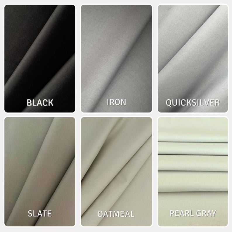 Puede incluir: Una cuadr&iacute;cula de seis muestras de tela en varios tonos neutros. Los colores est&aacute;n etiquetados como Black, Iron, Quicksilver, Slate, Oatmeal y Pearl Gray. Cada muestra muestra una superficie textil lisa y plegada con sutiles sombras.