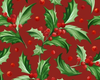 Christmas Fabric - Berry Pretty on Red,  1st Quality 100% Cotton, Quilting Weight Cotton by the Yard and Half Yard, Quarter Yard