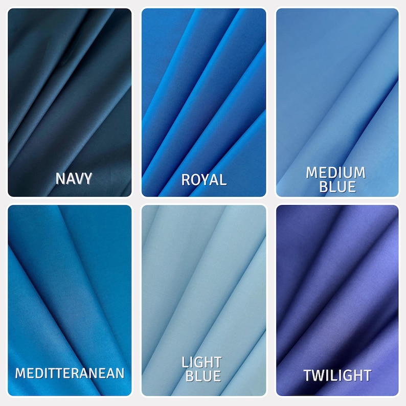 Puede incluir: Una cuadr&iacute;cula de seis muestras de tela en varios tonos de azul. Los colores est&aacute;n etiquetados como Navy, Royal, Medium Blue, Mediterranean, Light Blue y Twilight. Cada muestra presenta pliegues diagonales suaves que crean sombras.