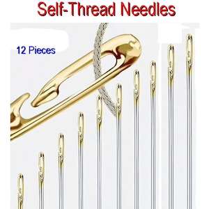 May include: A set of 12 self-threading needles. The needles are gold and silver in color and are shown threaded with a gold cord. The text "12 Pieces" is visible in the image.