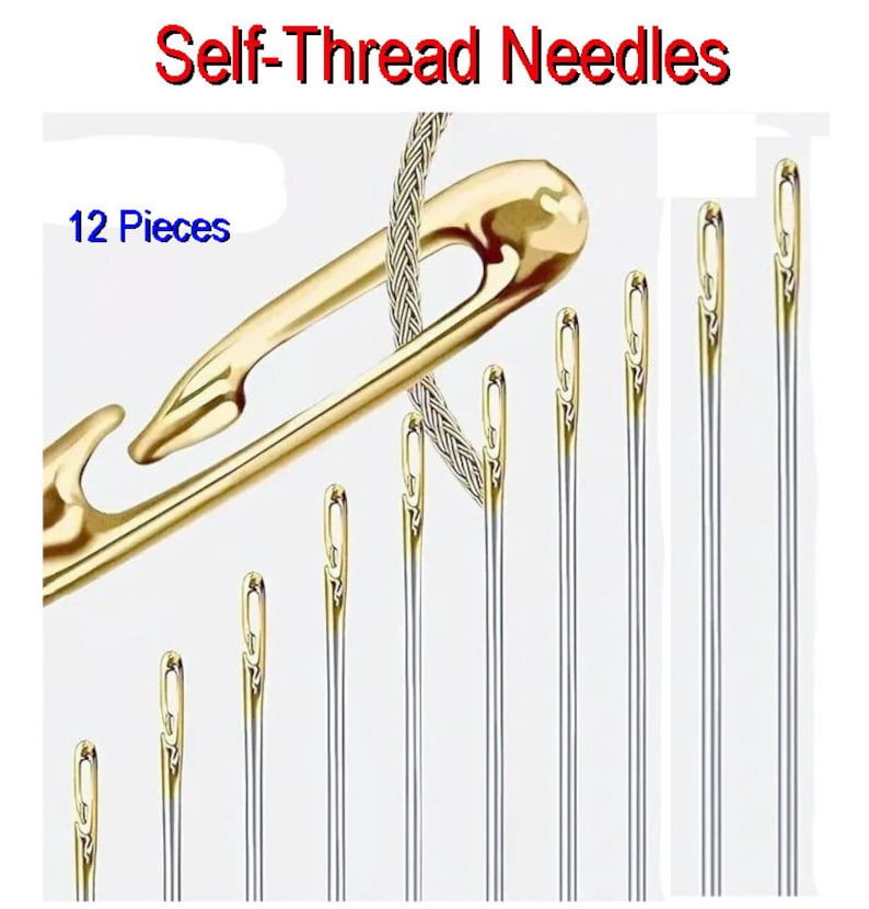 May include: A set of 12 self-threading needles. The needles are gold and silver in color and are shown threaded with a gold cord. The text "12 Pieces" is visible in the image.