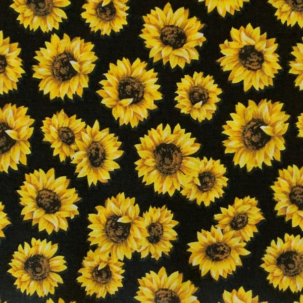 Sunflowers on Black Cotton Fabric, Dancing Sunflowers on Black, Cotton Fabric by the Yard, Half Yard, Quilting Fabric, Home Decor Fabric