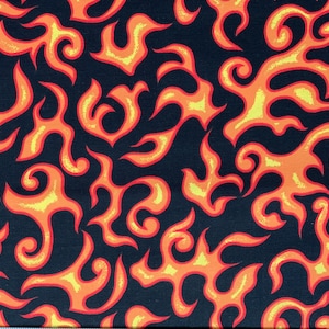Flames Fabric, Novelty 100% Cotton Fabric, Yellow Flames on Black, Fabric Sold by the Yard, Half Yard, Cotton Quilting Fabric, Orange Fabric