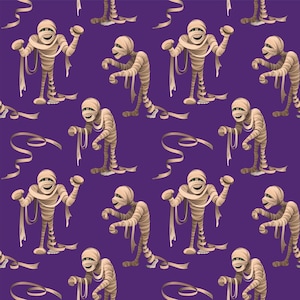 Angstaanjagende mummie op paars 100% katoen, Halloween-stof met mummies, 45 breed, verkocht per kwartier, halve en hele werf