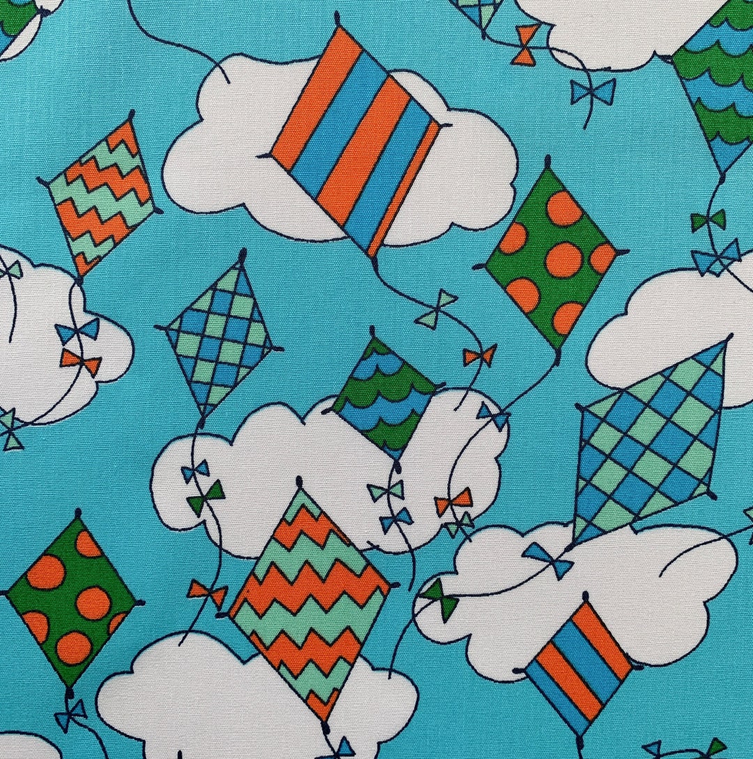 60 Wide Cotton Fabric, Flying Kites on Blue, by Fabric Finders Inc