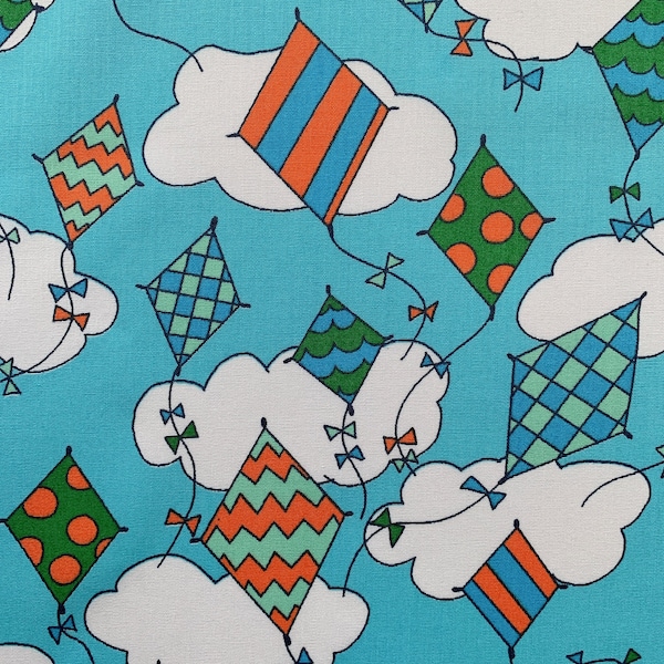 60" Wide Cotton Fabric, Flying Kites on Blue, by Fabric Finders Inc, Premium Cotton Fabric, Kite Collection Quilting Weight Cotton, Novelty