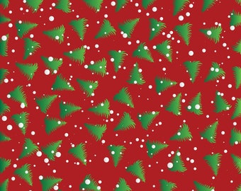 Wispy Trees on Red, Christmas Fabric by the Yard and Half Yard, 100% Cotton, Quilting Weight Cotton, 1st Quality Fabric