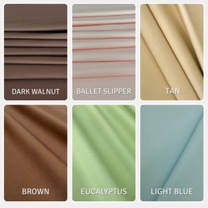 Puede incluir: Una cuadr&iacute;cula de seis muestras de tela con varios colores s&oacute;lidos. Los colores est&aacute;n etiquetados como Dark Walnut, Ballet Slipper, Tan, Brown, Eucalyptus y Light Blue. Cada muestra muestra la textura y los pliegues del material.