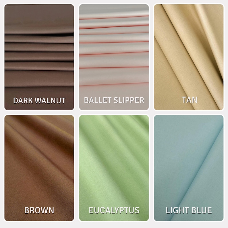 Puede incluir: Una cuadr&iacute;cula de seis muestras de tela con varios colores s&oacute;lidos. Los colores est&aacute;n etiquetados como Dark Walnut, Ballet Slipper, Tan, Brown, Eucalyptus y Light Blue. Cada muestra muestra la textura y los pliegues del material.