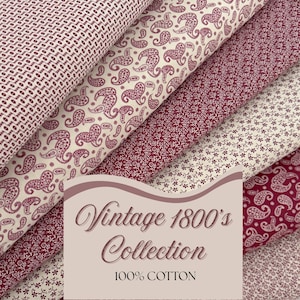 Vintage 1800&#39;s Cotton Fabric, Burgundy and Tan Quilting Weight Cotton Collection, 100% Cotton Fabric, Dark Red Quilting, Apparel, and Craft