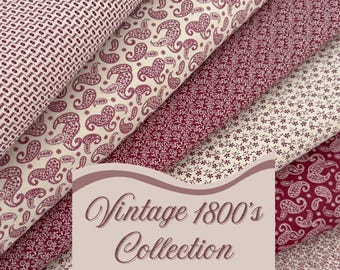 Vintage 1800&#39;s Cotton Fabric, Burgundy and Tan Quilting Weight Cotton Collection, 100% Cotton Fabric, Dark Red Quilting, Apparel, and Craft