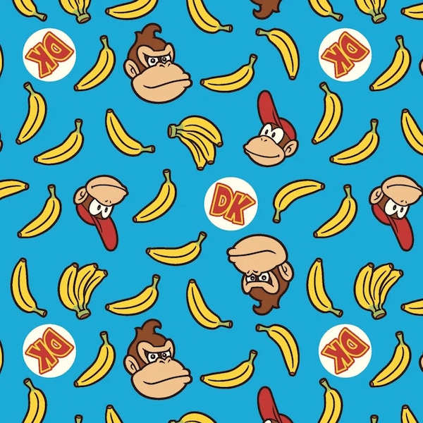 Donkey Kong 100% Cotton Fabric, by Nintendo Licensed Fabric, Donkey Kong on Blue, By the Yard, Half Yard, and Quarter Yard