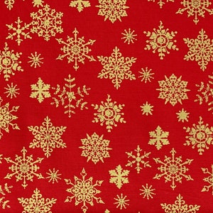 Tissu Coton 100% Noël - Motif Flocons De Neige Rouge Et Or Métallique, Pour Nappes Ou Patchwork (largeur 117-152 Cm)