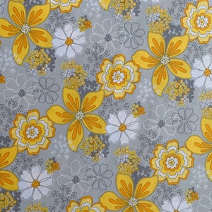 Yellow Floral on Gray 100% Cotton Fabric, Quality Quilting and Apparel Fabric, Sold by the Quarter, Half, and Full Yard, Bright Floral