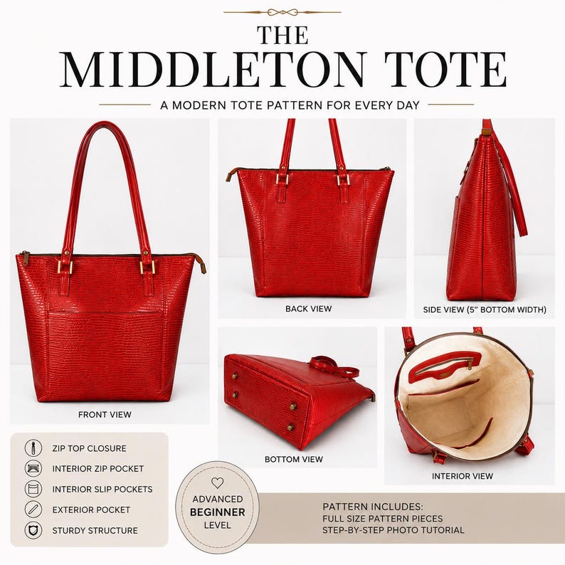 May include: The Middleton Tote pattern features a red textured tote bag shown from front, back, side, bottom, and interior views. The side view shows a 5-inch bottom width. Includes zip top closure, interior zip and slip pockets, and exterior pocket.
