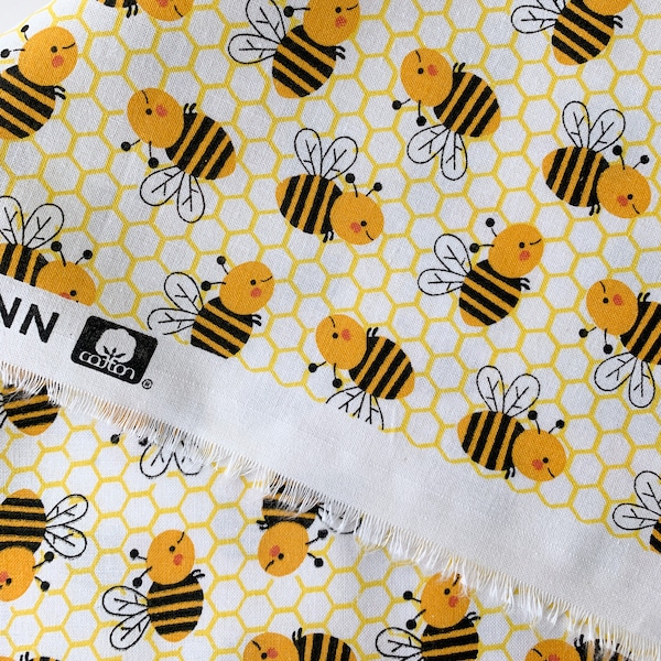 Bees and Honeycomb Fabric 100% Cotton, Honey Bee Fabric, Bumble Bee Cotton Fabric by the Yard and Half Yard, Quilting Fabric Home Decor