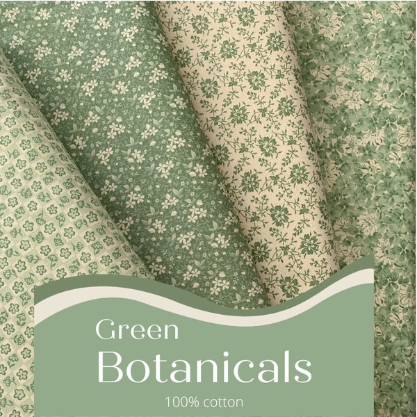 Tessuto floreale verde 100% cotone, fiori botanici Hope Chest, tessuto tagliato su misura, larghezza 45 pollici